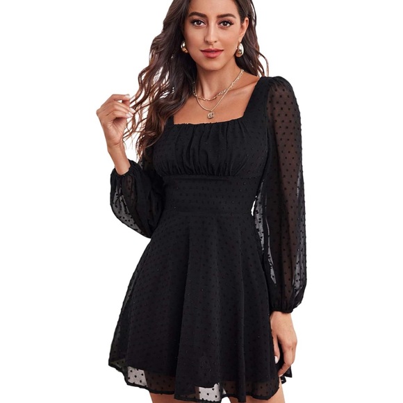 Dresses & Skirts - XS POLKA SWISS DOT MESH SQUARE NECK LANTERN BISHOP SLEEVE CHIFFON DRESS